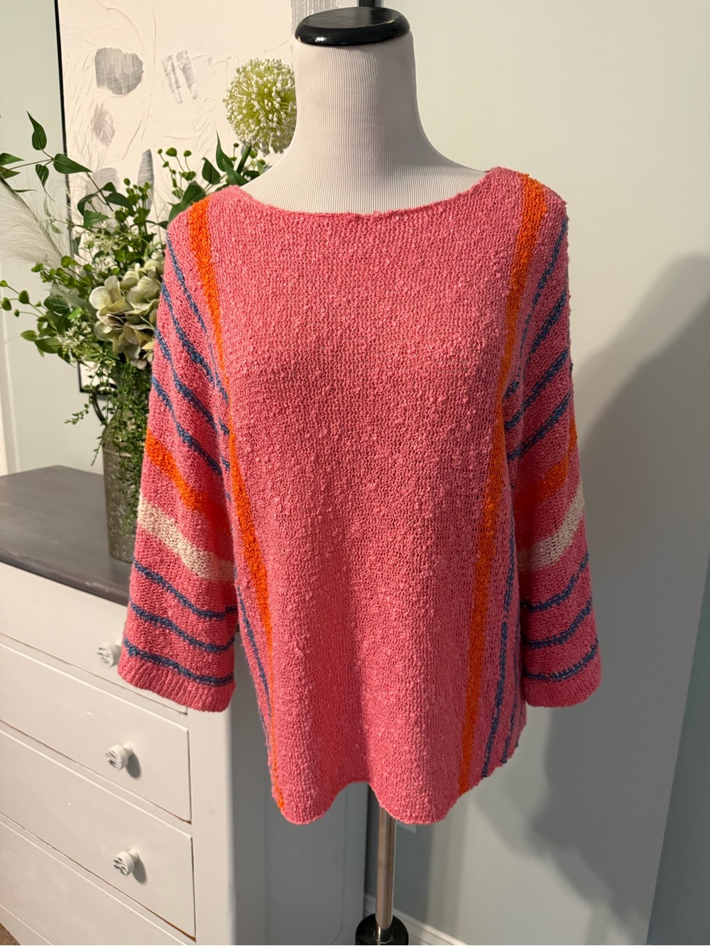 Pink Striped Crewneck Sweater - Lightweight Knit Pullover